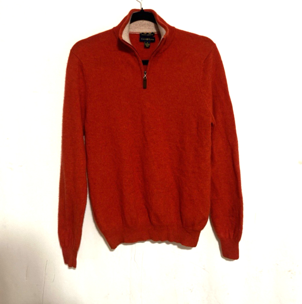 Club Room Cashmere Cardigan Sweater Small Mens Orange Mock Neck Quarter Zip